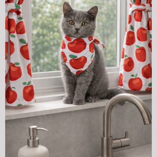 Cat wearing a red apple patterned bandana sitting on a kitchen counter with apple-themed curtains.