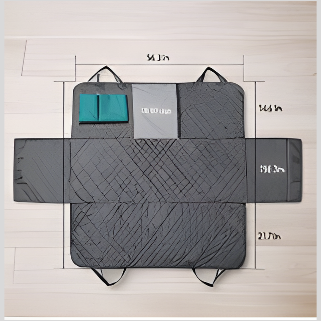 Gray car mat with measurements on a light wooden floor background