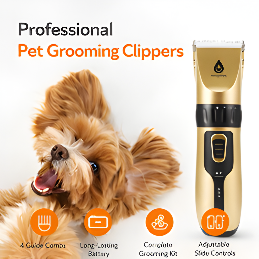 Professional pet grooming clippers with a dog and product features on a white background