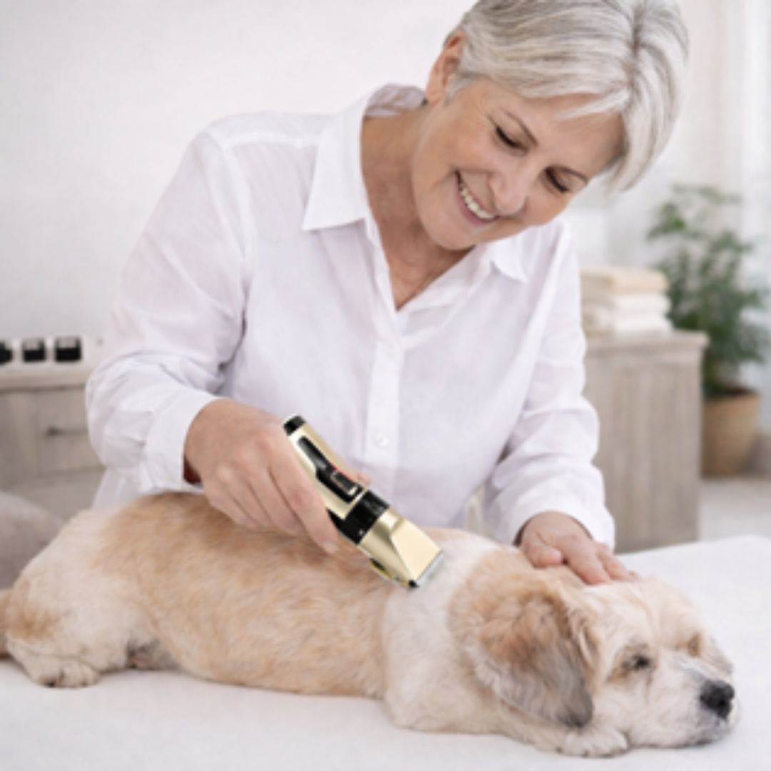 Woman grooming a dog with a brush in a home setting