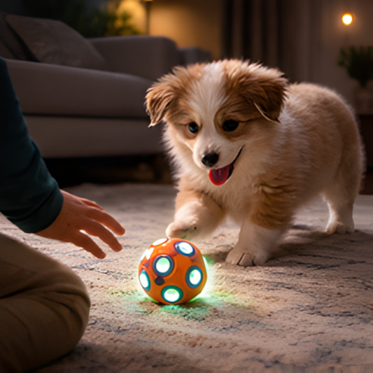 Puppy playing with a colorful ball on a carpeted floor.