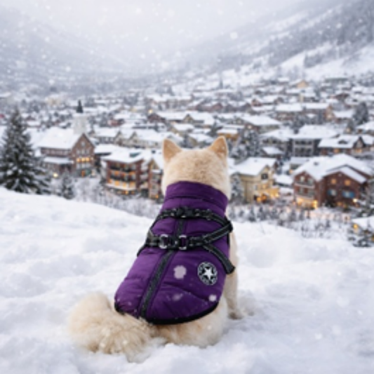 Dog in a purple coat sitting in the snow with a snowy village in the background
