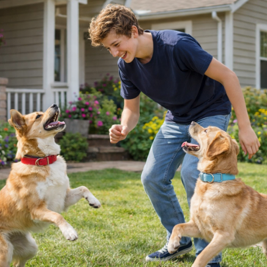 Man playing with two dogs in a backyard