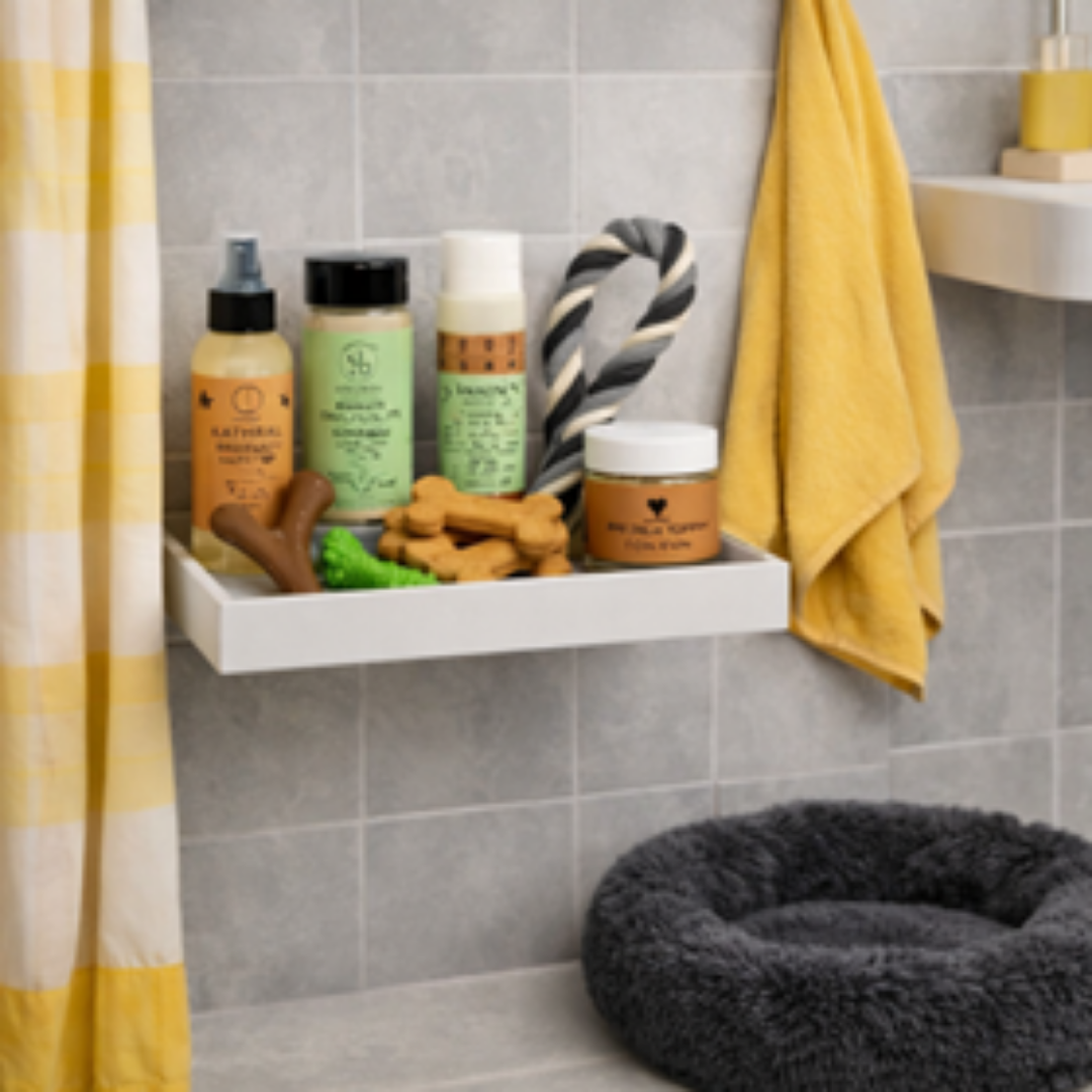 Pet care products on a shelf with a yellow towel and gray pet bed in a bathroom setting.