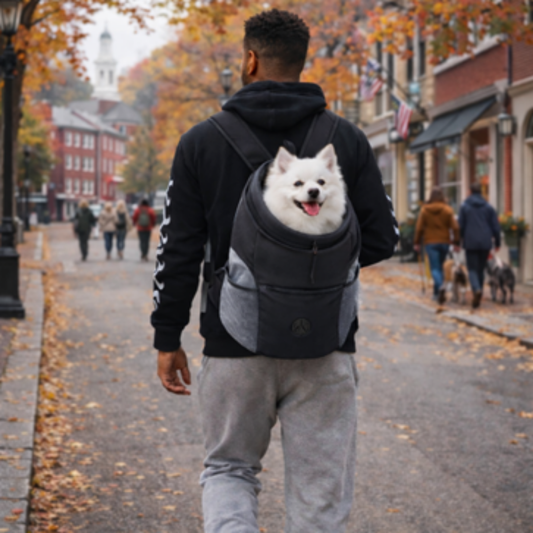 Person walking with a dog in a backpack on a city street during autumn.