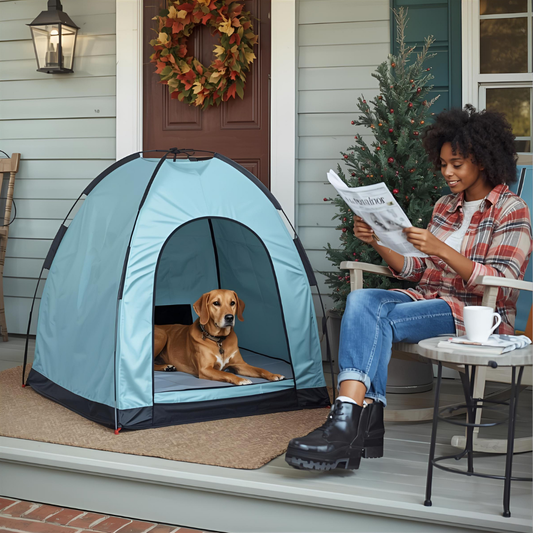 Woman reading a newspaper next to a dog in a blue pet tent on a porch with a Christmas tree in the background.