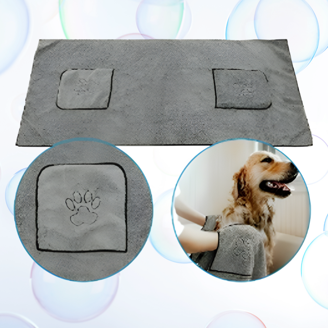 Gray pet mat with paw print design.