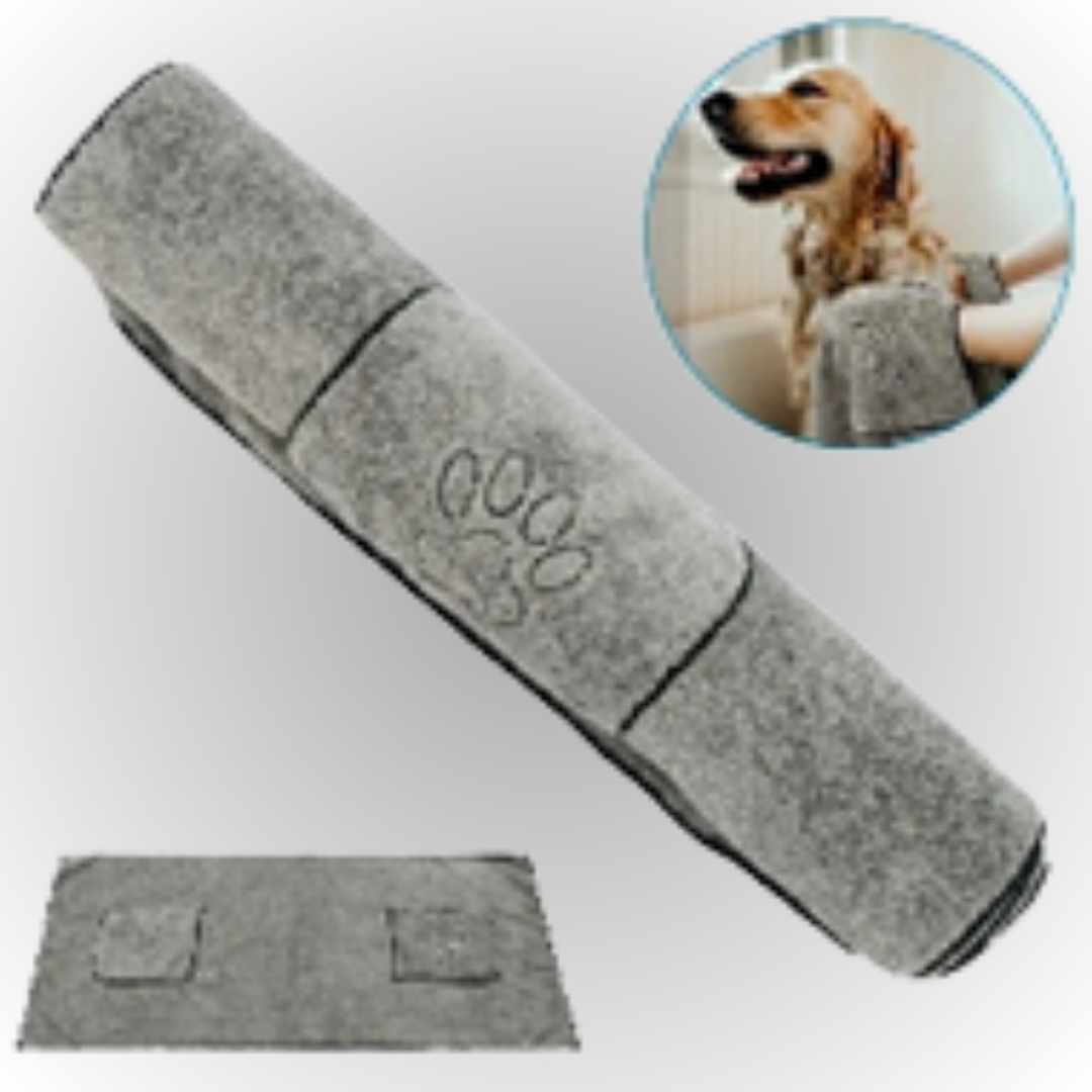Gray pet mat with a dog sitting on it, inset image of a dog.