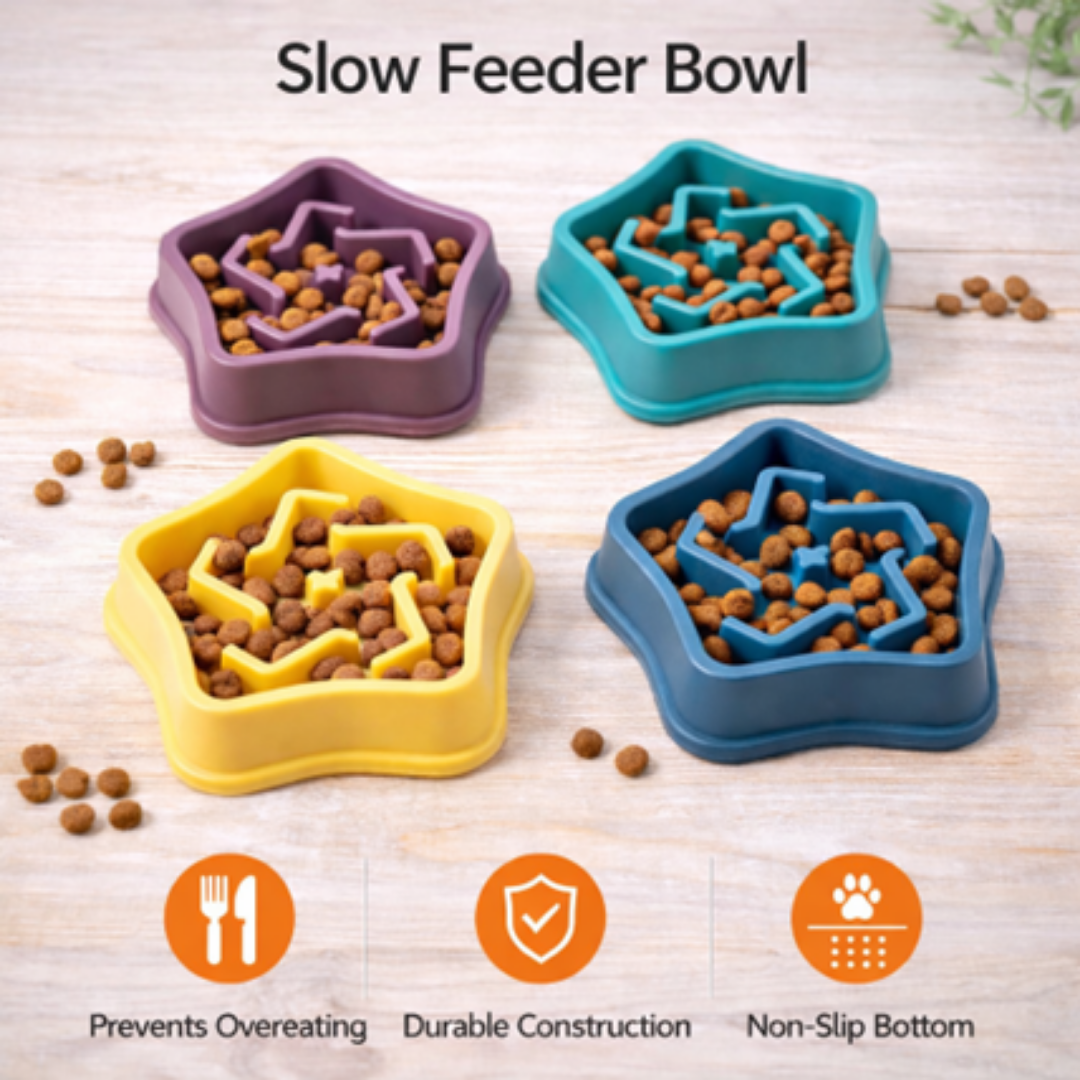 Four star-shaped slow feeder bowls with pet food, on a light wooden surface.