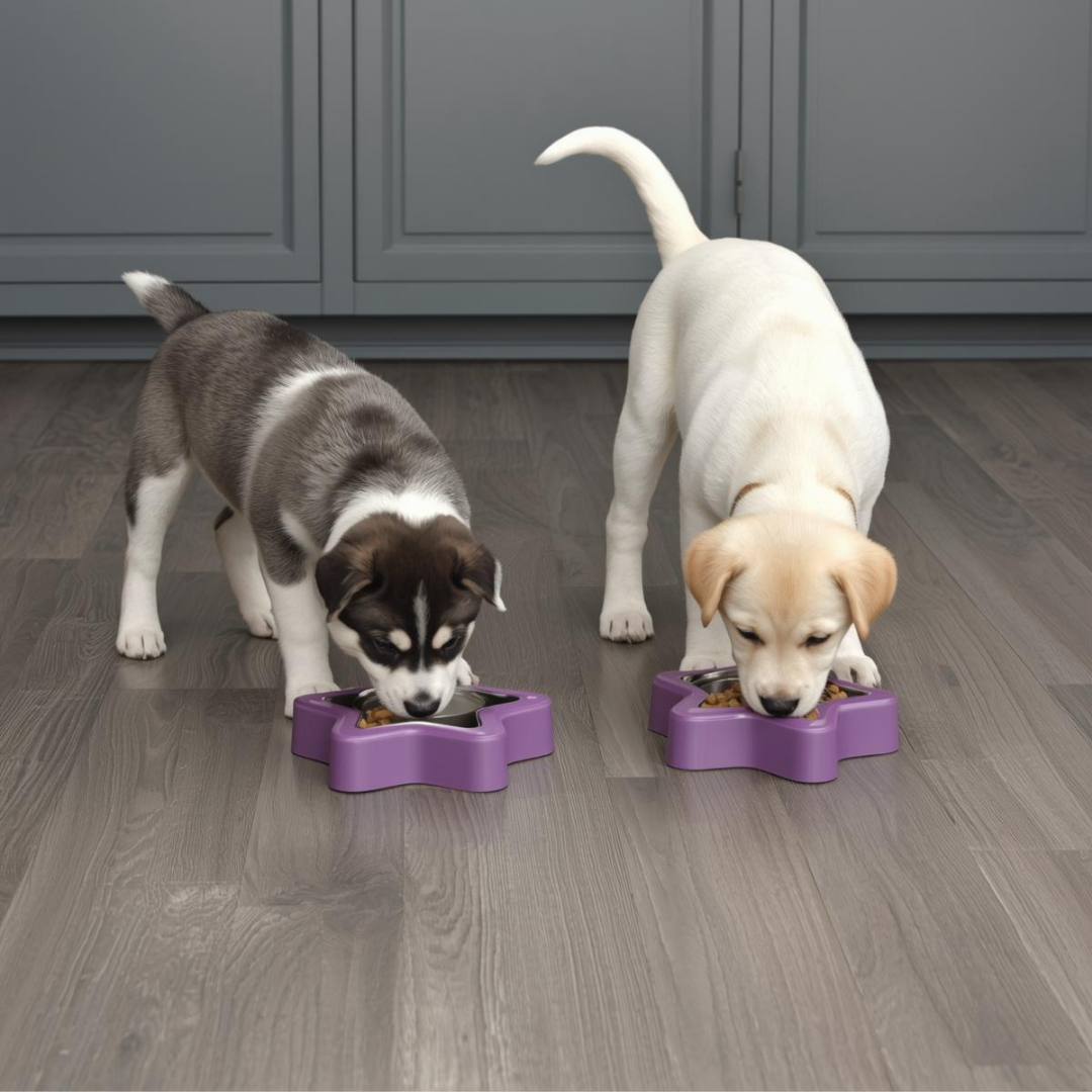 Two dogs eating from purple pet bowls on a wooden floor with gray cabinets in the background.