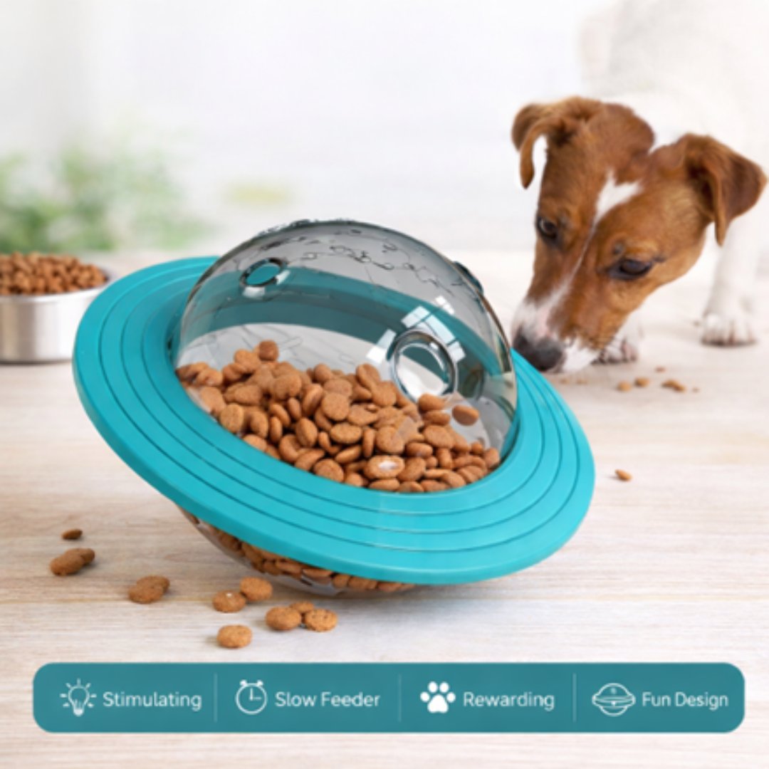 Pet slow feeder with food and a dog in the background