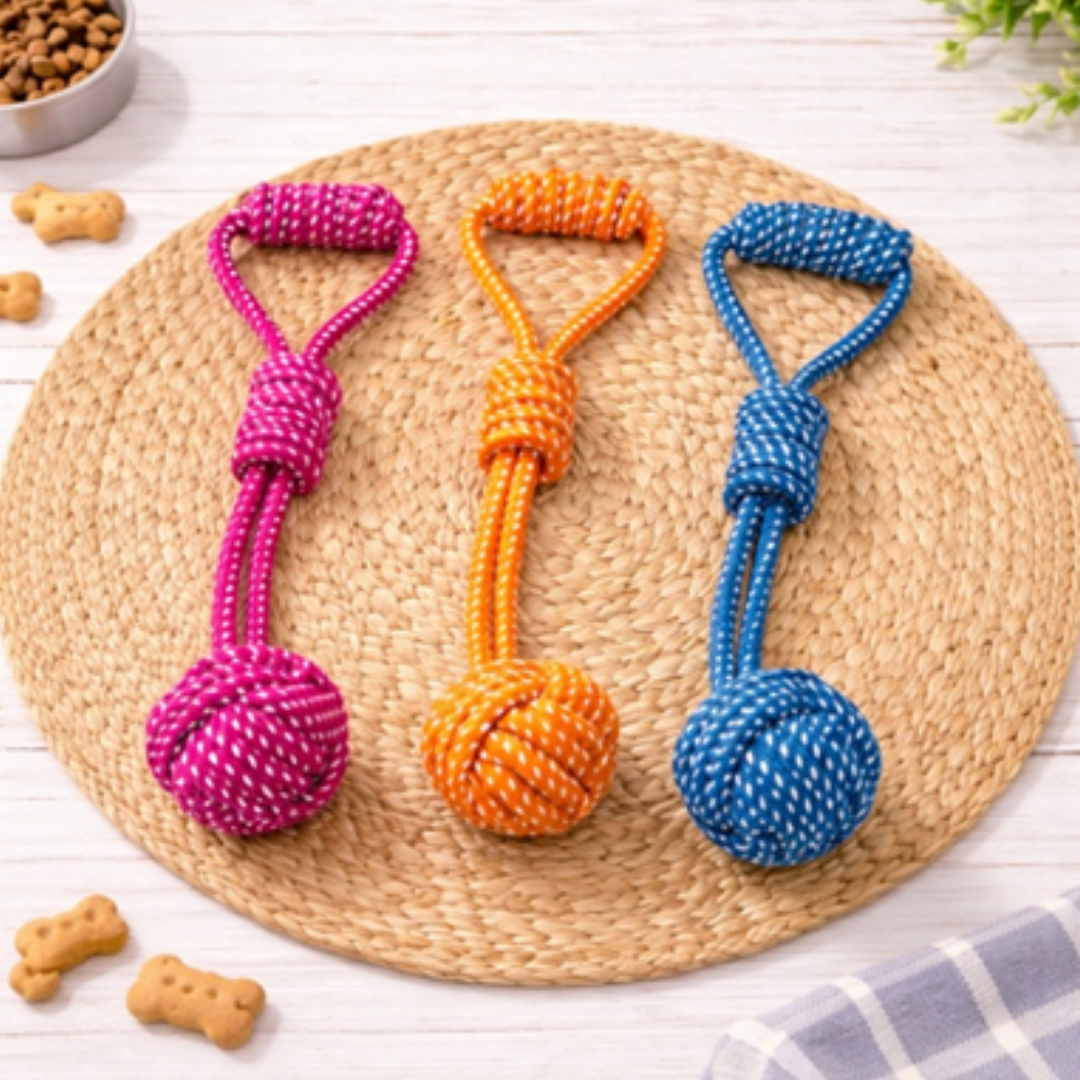 Three colorful dog toys on a woven mat with treats in the background.