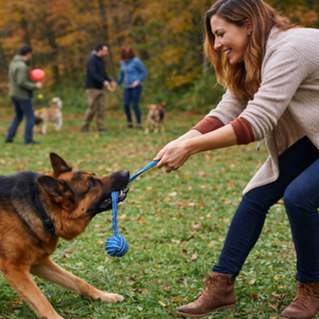Woman playing tug with a dog in a park with other people and dogs in the background