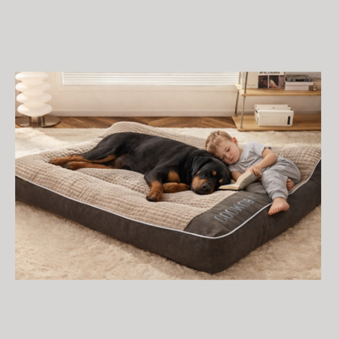 Dog and child lying on a large pet bed in a home setting