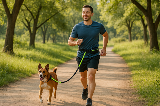 A man jogging in a park on a trail with a medium sized dog. The man has the dog on a "Hands Free Leash"in black with a lime green reflective stripe and a small storage pouch attached.