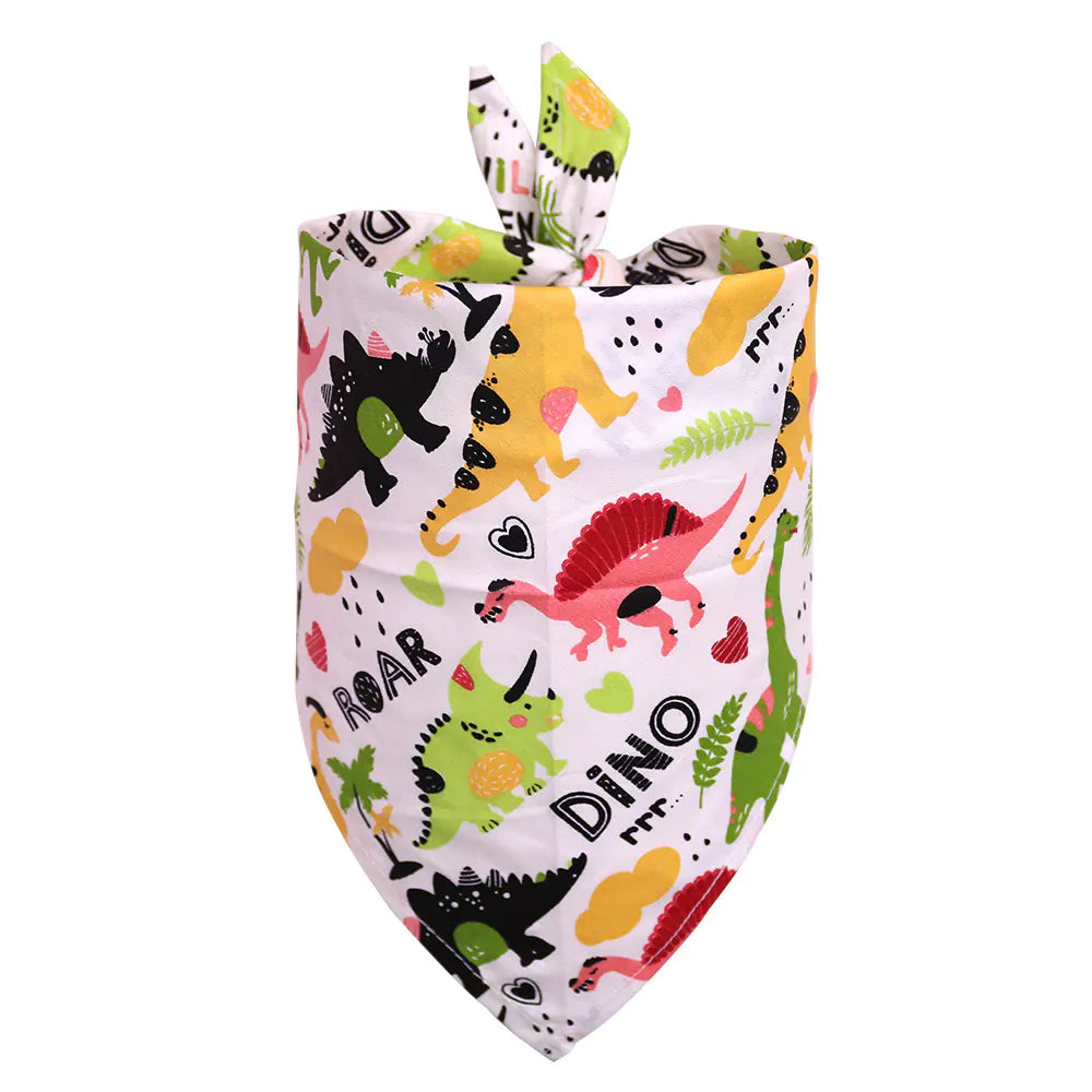 Colorful dinosaur-patterned bandana on a white background