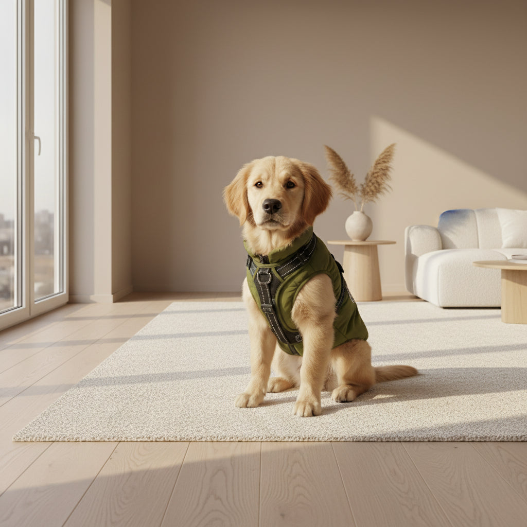 Medium sized dog wearing a Green dog puffer jacket with harness and 'Fashion Sports' logo on a white background 