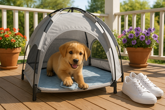 Realistic cute puppy playing inside a light grey portable pet tent bed with cooling mat. On a porch on a beautiful sunny day with beautiful flowers.  Two white sneakers are near by. 
